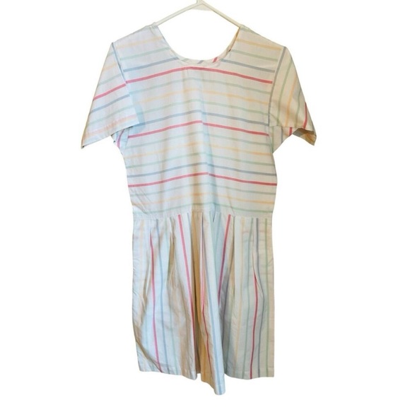 Lake Dresses & Skirts - LAKE Size S Parasol Pleated Dress White Pastel Stripe Short Sleeve